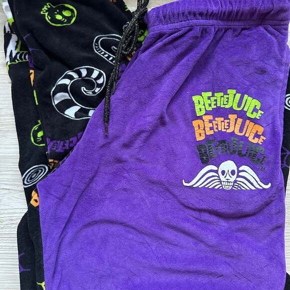 Beetlejuice Pajama Pants Kids Large 12/14 Black Purple Fleece Sleep Pants - Picture 1 of 5